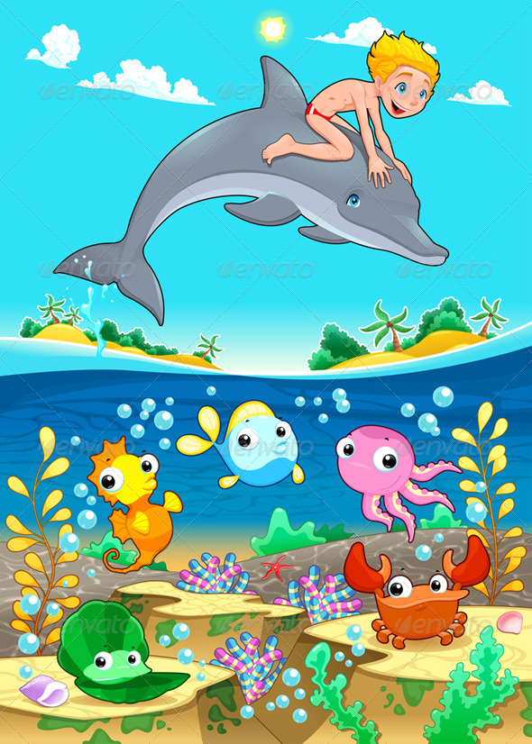 GraphicRiver Boy and Dolphin with Fish Under the Sea 6328384 GraphicRiver Boy and Dolphin with Fish Under the Sea 6328384