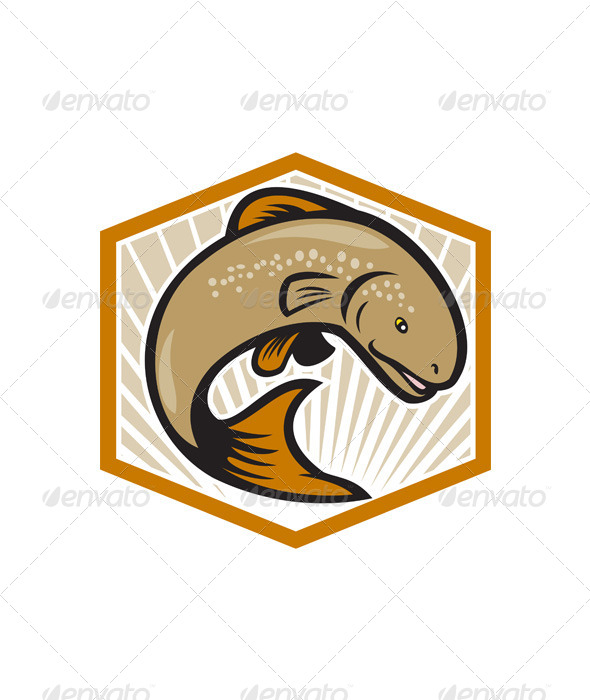 GraphicRiver Trout Jumping Cartoon Shield 6350408 GraphicRiver Trout Jumping Cartoon Shield 6350408