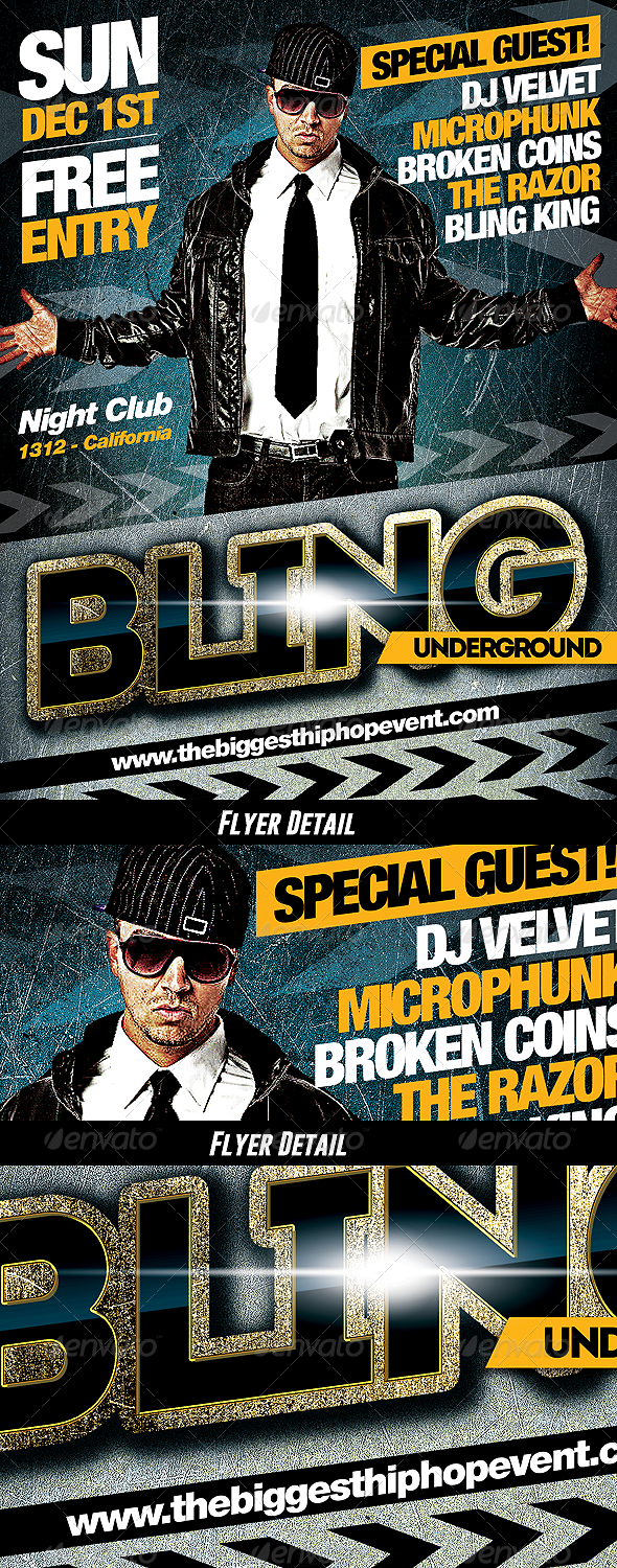 Underground Bling - PSD Hip Hop Music Flyer (Clubs & Parties)