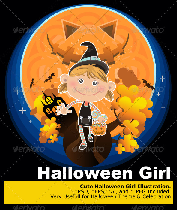 Smiling Halloween Girl with Pumpkin and Candy - People Characters