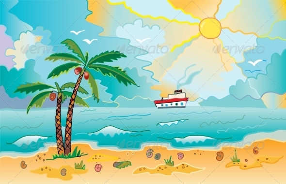 GraphicRiver Sunny Beach with Palms and Shells 6378477 GraphicRiver Sunny Beach with Palms and Shells 6378477