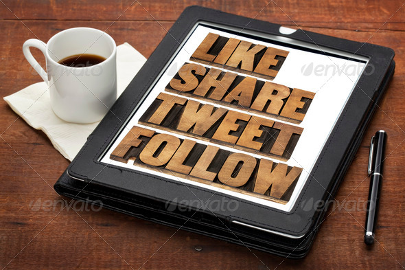 like, share, tweet, follow words – social media concept – isolated text in vintage letterpress wood type on a digital tablet with cup of coffee