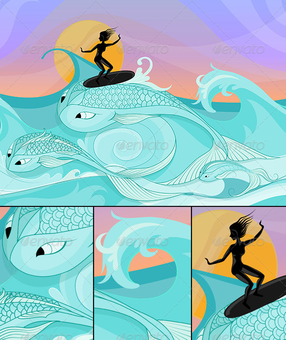 GraphicRiver Female Surfer on Ocean Waves Stylized as Big Fish 6495068 GraphicRiver Female Surfer on Ocean Waves Stylized as Big Fish 6495068