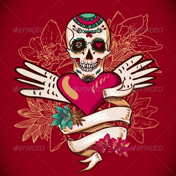GraphicRiver Skull Hearts and Flowers Illustration 6639511 GraphicRiver Skull Hearts and Flowers Illustration 6639511