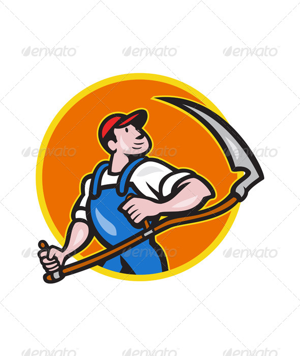GraphicRiver Farmer Worker Holding Scythe Circle Cartoon 6658730 GraphicRiver Farmer Worker Holding Scythe Circle Cartoon 6658730