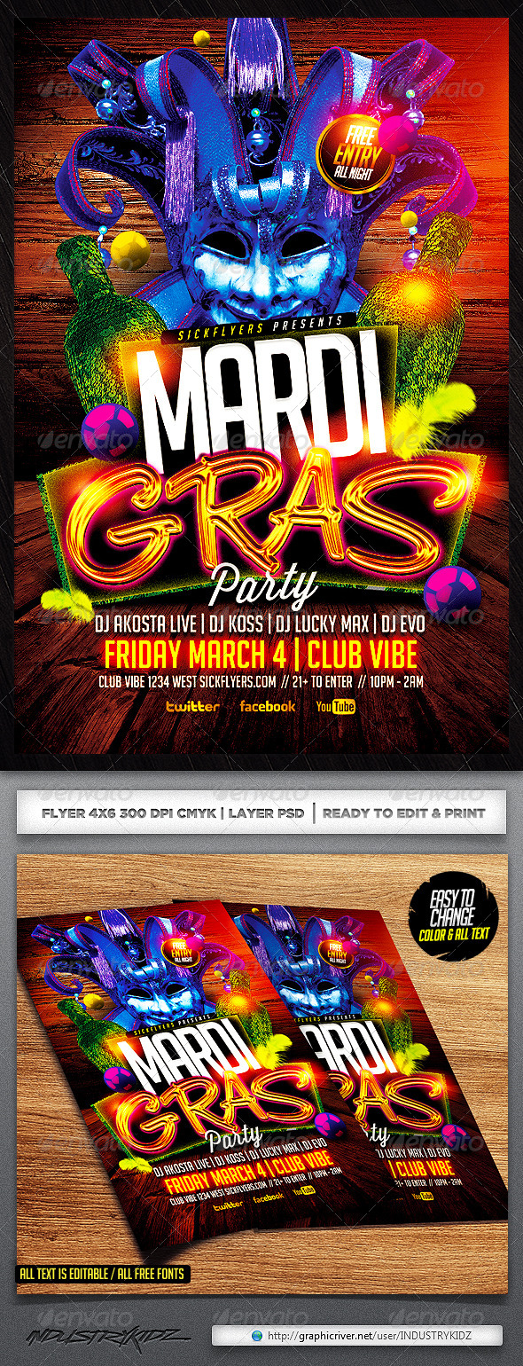 Mardi Gras Party Flyer Template - Holidays Events