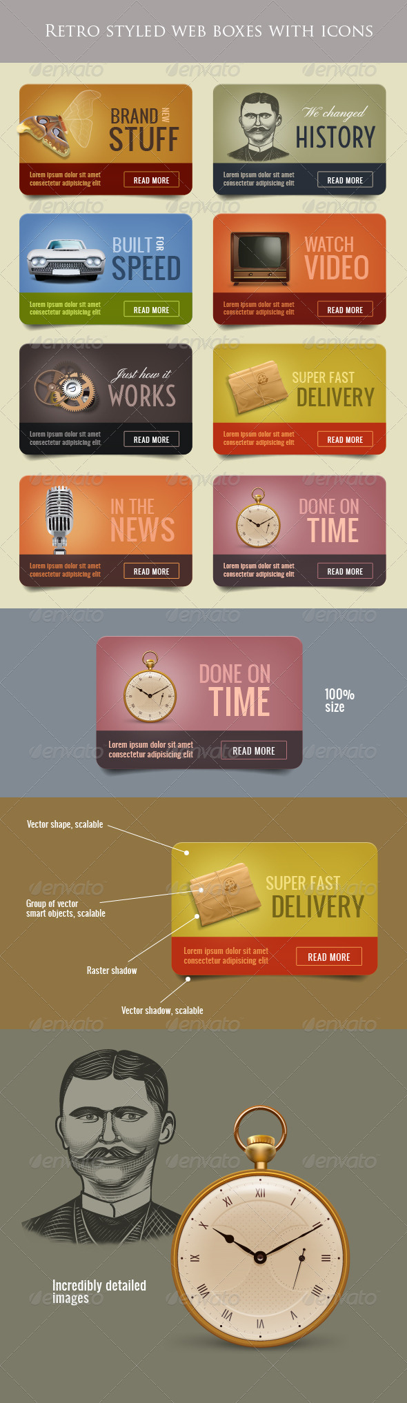 Retro Web Boxes with Icons - Banners & Ads Web Elements