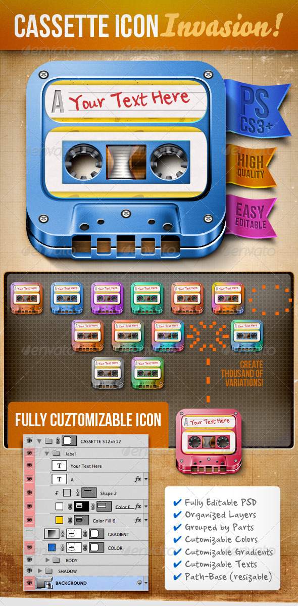 GraphicRiver Customizable Cassette Icon 706677 GraphicRiver Customizable Cassette Icon 706677