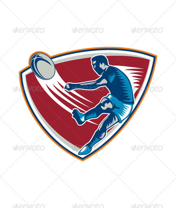 GraphicRiver Rugby Player Kicking Ball Shield Woodcut 6747730 GraphicRiver Rugby Player Kicking Ball Shield Woodcut 6747730