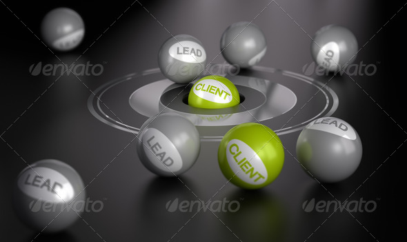 Many spheres over black background with target in the center on green ball in the center. Marketing concept image, converting leads into client or customers.