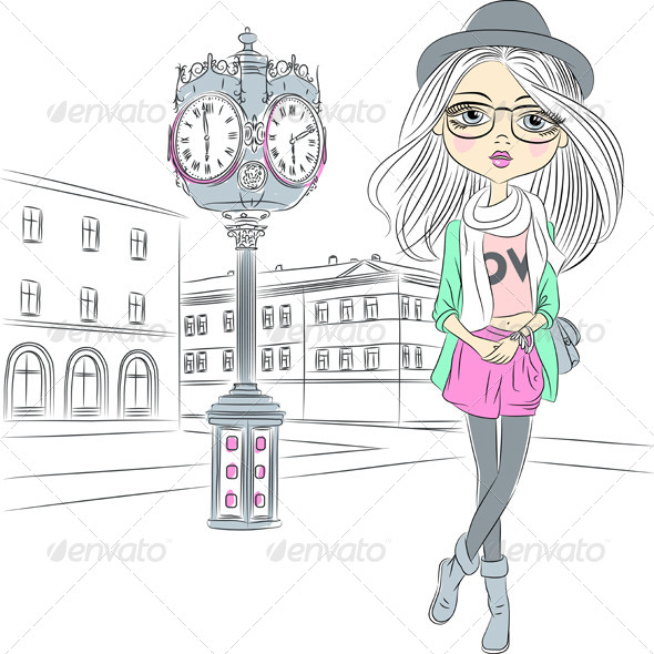 GraphicRiver Vector Hipster Fashion Girl near with a Big Clock 6809673 GraphicRiver Vector Hipster Fashion Girl near with a Big Clock 6809673