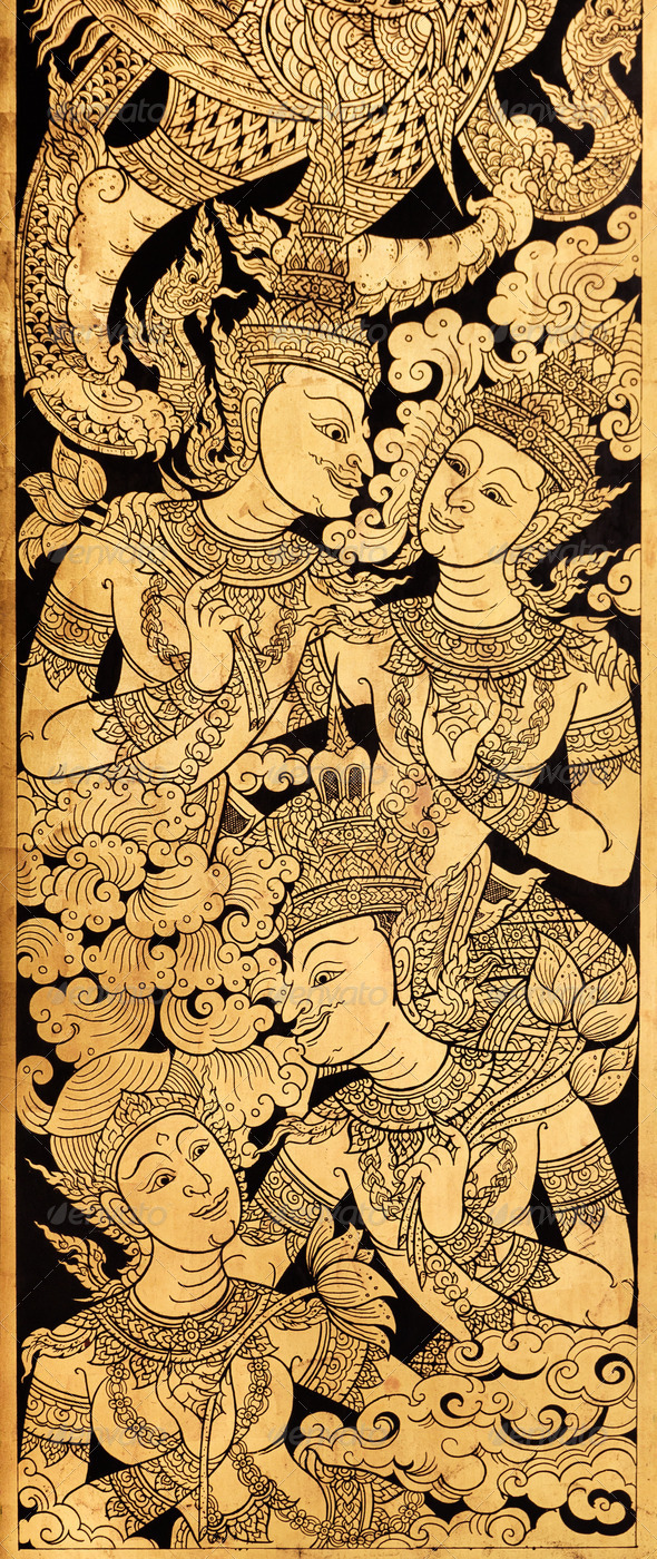 Couple Angel in love, Traditional Thai Style Painting