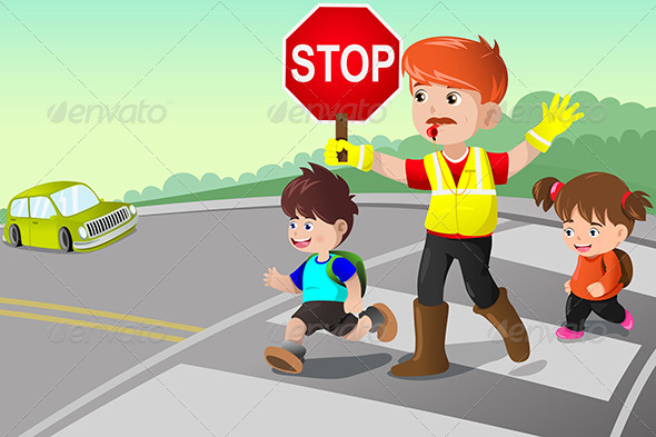 GraphicRiver Flagger and Kids Crossing the Street 6995421 GraphicRiver Flagger and Kids Crossing the Street 6995421