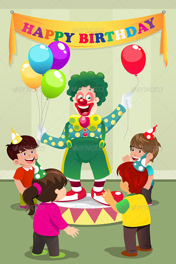 Clown Carrying Balloons to Kids Birthday Party (People)