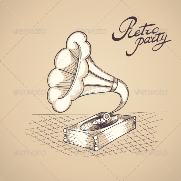 Hand Drawn Illustration of Gramophone (Retro)