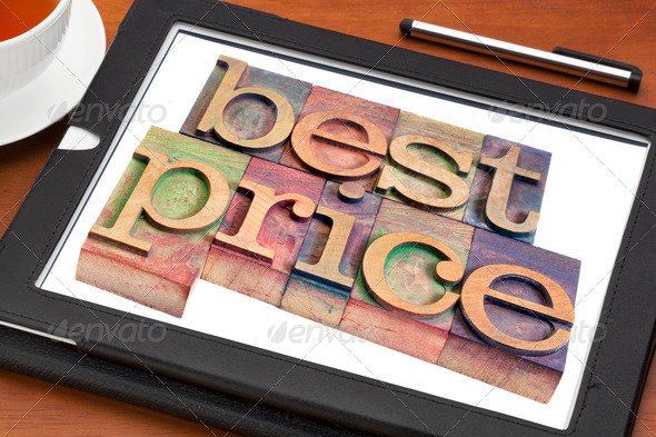 best price advertising – text in vintage letterpress wood type on a digital tablet with a cup of tea