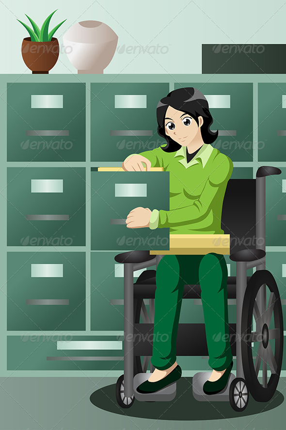 GraphicRiver Businesswoman in Wheelchair Working in the Office 7136000 GraphicRiver Businesswoman in Wheelchair Working in the Office 7136000