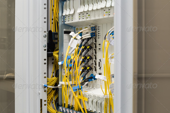 fiber optic data center with media converters and optical cables