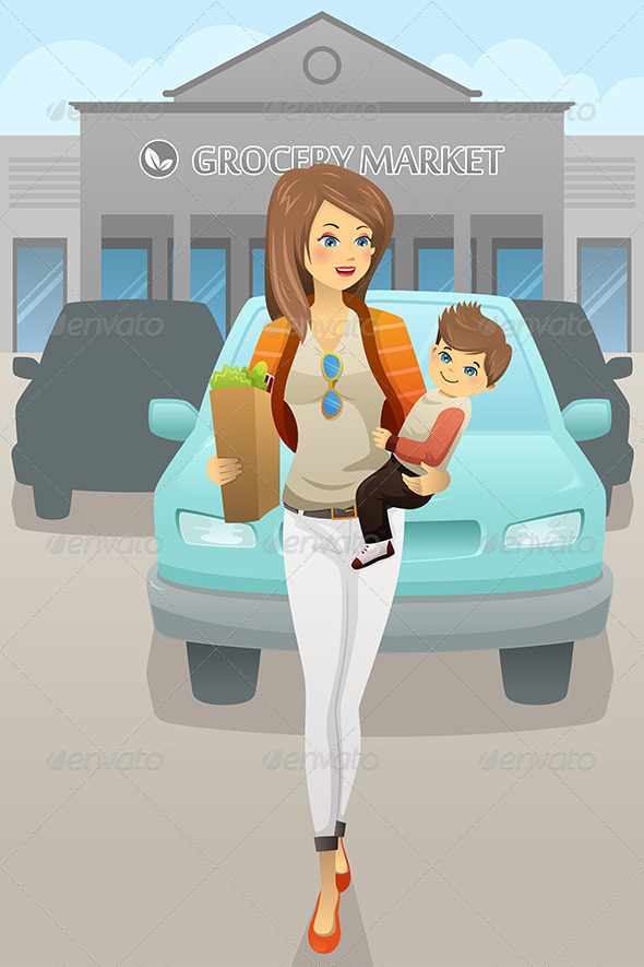 GraphicRiver Mother Carrying her Son and Grocery Bags 7143481 GraphicRiver Mother Carrying her Son and Grocery Bags 7143481