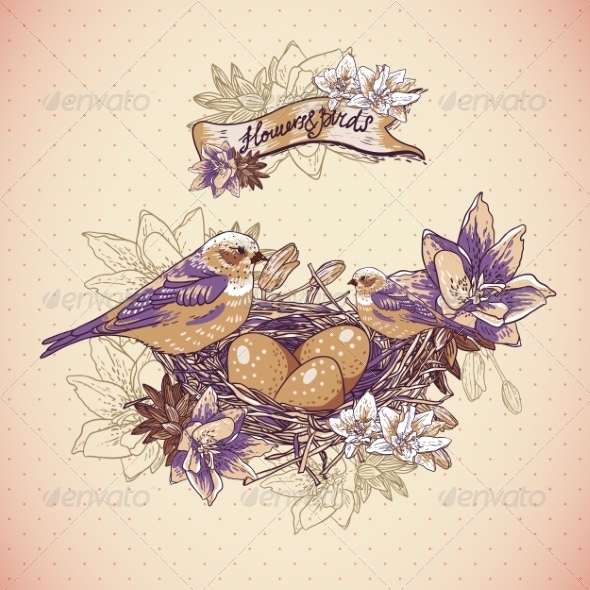 GraphicRiver Vintage Floral Background with Birds and Nest 7167655 GraphicRiver Vintage Floral Background with Birds and Nest 7167655