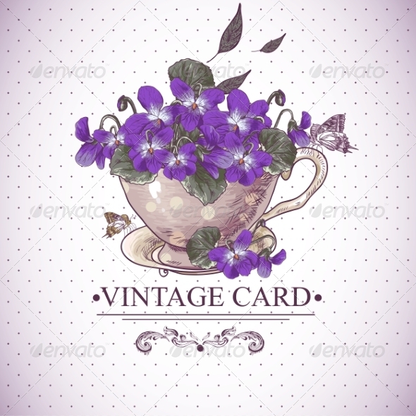 GraphicRiver Vintage Floral Background with Violets in a Cup 7571485 GraphicRiver Vintage Floral Background with Violets in a Cup 7571485