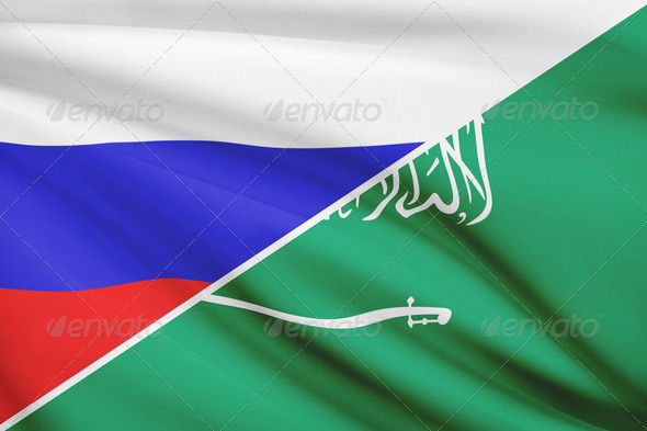 Series of ruffled flags. Russia and Kingdom of Saudi Arabia.