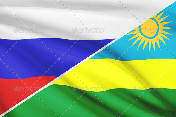 Series of ruffled flags. Russia and Republic of Rwanda.