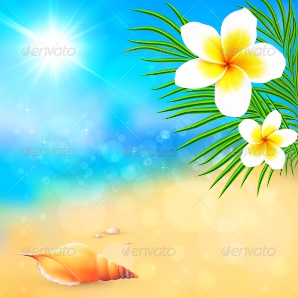 GraphicRiver Sunny Summer Beach with Shell and Flowers 7701538 GraphicRiver Sunny Summer Beach with Shell and Flowers 7701538