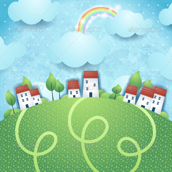 GraphicRiver Fantasy Landscape with Village and Rainbow 7683854 GraphicRiver Fantasy Landscape with Village and Rainbow 7683854