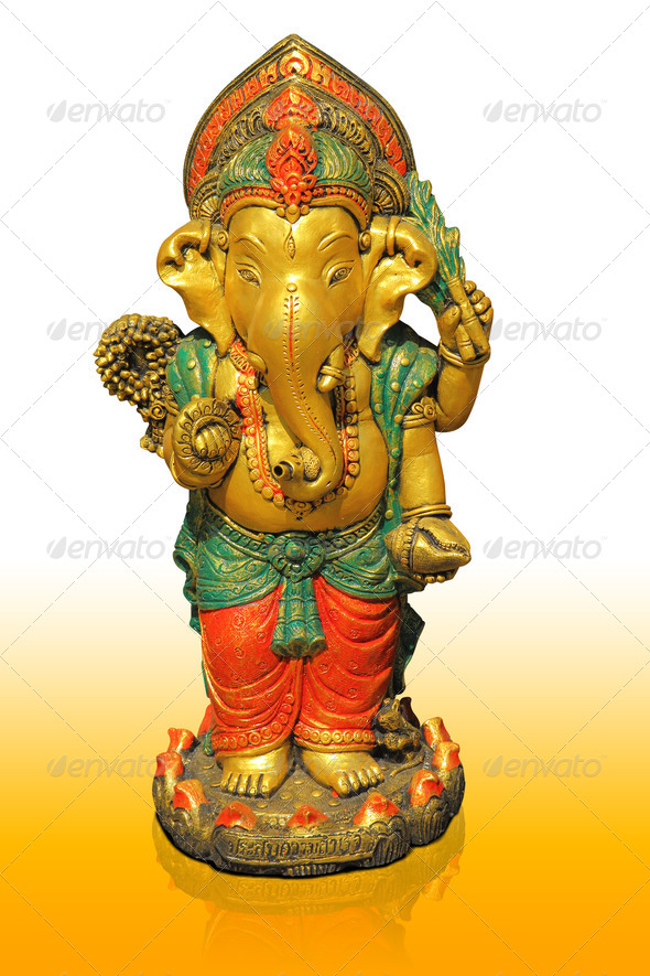 Hindu god Ganesha with reflection on orange floor - Stock Photo - Images