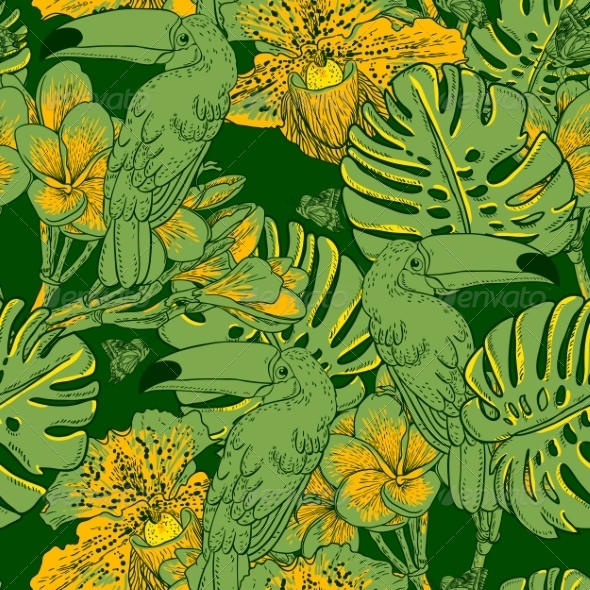 GraphicRiver Seamless Green Pattern with Flowers and Toucan 7800900 GraphicRiver Seamless Green Pattern with Flowers and Toucan 7800900