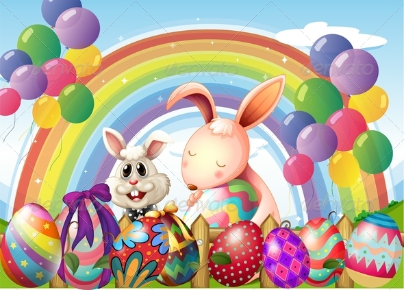 GraphicRiver Bunnies and Colorful Eggs with Rainbow 7869883 GraphicRiver Bunnies and Colorful Eggs with Rainbow 7869883