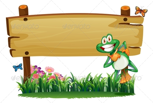 GraphicRiver An Empty Wooden Signboard with a Playful Frog 7905402 GraphicRiver An Empty Wooden Signboard with a Playful Frog 7905402