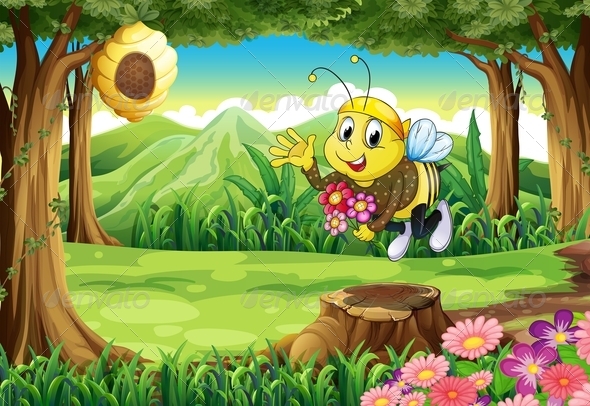 GraphicRiver A Bee at the Forest with Flowers 7913161 GraphicRiver A Bee at the Forest with Flowers 7913161