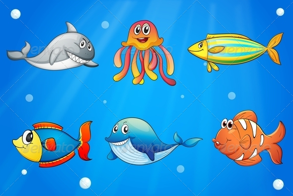 GraphicRiver Six Smiling Sea Creatures Under the Deep Sea 7915511 GraphicRiver Six Smiling Sea Creatures Under the Deep Sea 7915511