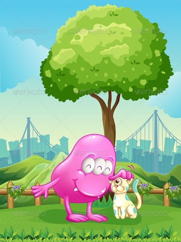 GraphicRiver A Pink Monster and a Monster Cat Near the Tree 7925675 GraphicRiver A Pink Monster and a Monster Cat Near the Tree 7925675