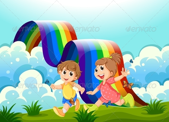 GraphicRiver Happy Kids Playing at the Hilltop with a Rainbow 7934655 GraphicRiver Happy Kids Playing at the Hilltop with a Rainbow 7934655