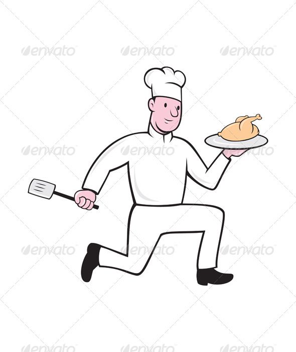 GraphicRiver Chef With Chicken Spatula Running Cartoon 7941718 GraphicRiver Chef With Chicken Spatula Running Cartoon 7941718