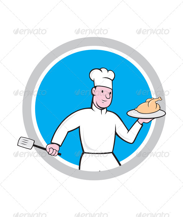 GraphicRiver Chef With Chicken Spatula Circle Cartoon 7941719 GraphicRiver Chef With Chicken Spatula Circle Cartoon 7941719