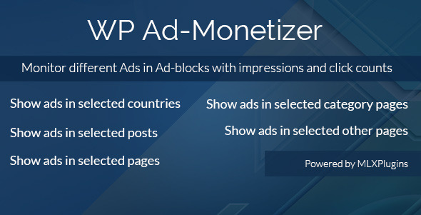 WP Ad-Monetizer is a Wordpress Plugin that gives option for Ad-banners or any Ad-sense codes in different Ad-group / Ad-block. Each Ad-block is defined to use o