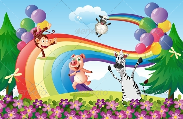 GraphicRiver Animals Playing at the Hilltop with a Rainbow 7968900 GraphicRiver Animals Playing at the Hilltop with a Rainbow 7968900