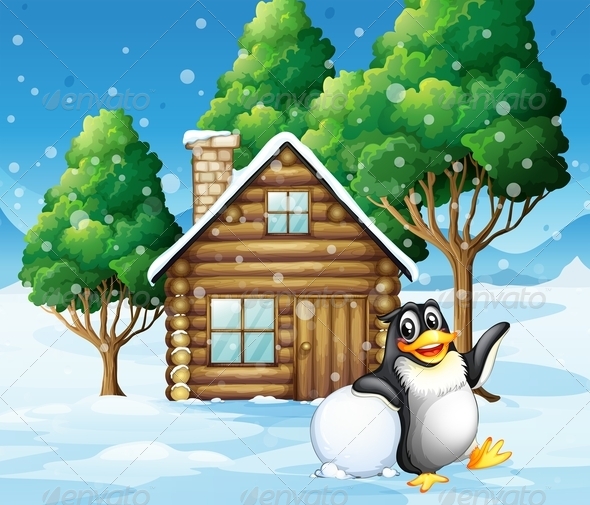 GraphicRiver Penguin in front of Wooden Cottage 7975607 GraphicRiver Penguin in front of Wooden Cottage 7975607