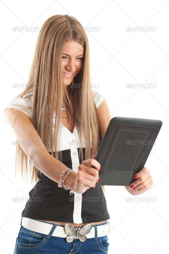 Smiling Woman Communicate With Tablet Computer - Stock Photo - Images