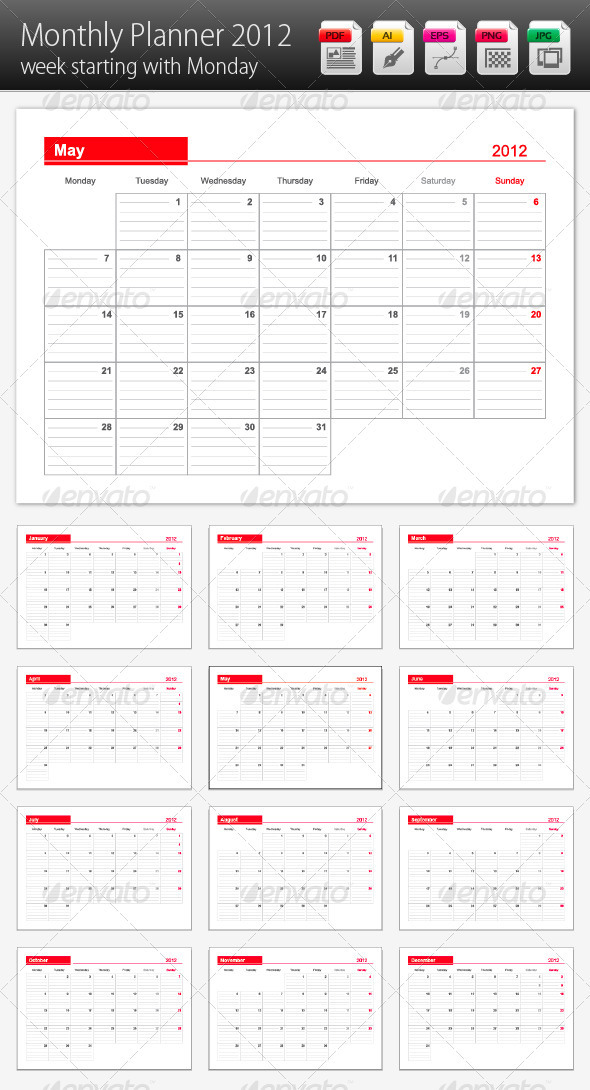 GraphicRiver Monthly Planner 2012 Week Starting With Monday 841419 GraphicRiver Monthly Planner 2012 Week Starting With Monday 841419