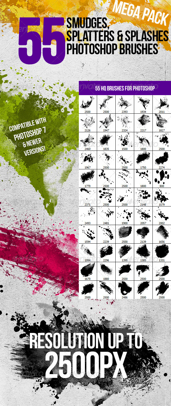 55 Splatters, Smudges & Splashes Photoshop Brushes - Grunge Brushes