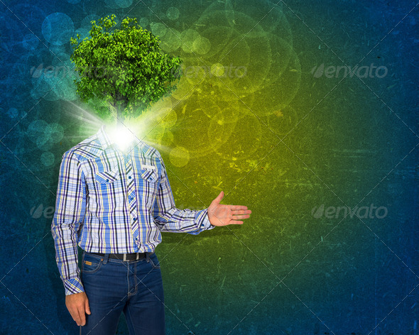 Man stand with green tree and bright light instead his head (Misc) Photo Download