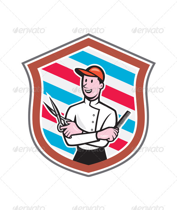 Barber Holding Scissors Comb Shield Cartoon (People)