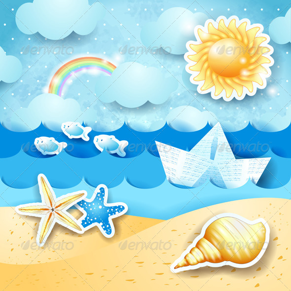 GraphicRiver Seascape with Sun Seashells and Paper Boat 8496468 GraphicRiver Seascape with Sun Seashells and Paper Boat 8496468