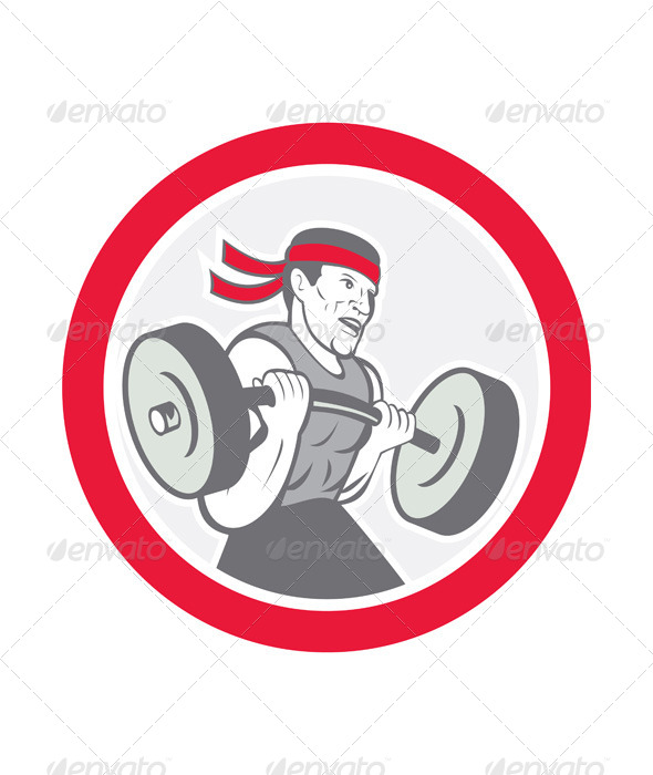 Weightlifter Lifting Barbell Circle Cartoon (Sports/Activity)