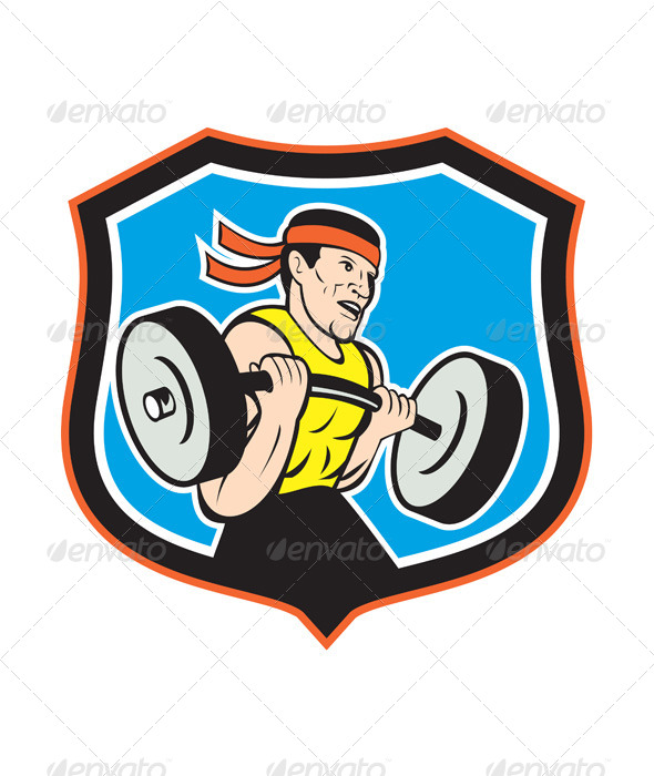 Weightlifter Lifting Barbell Shield Cartoon (Sports/Activity)